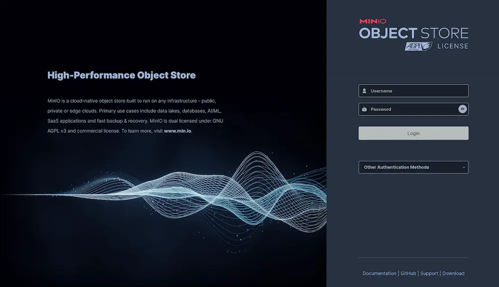 Startseite des S3 Servers Minio