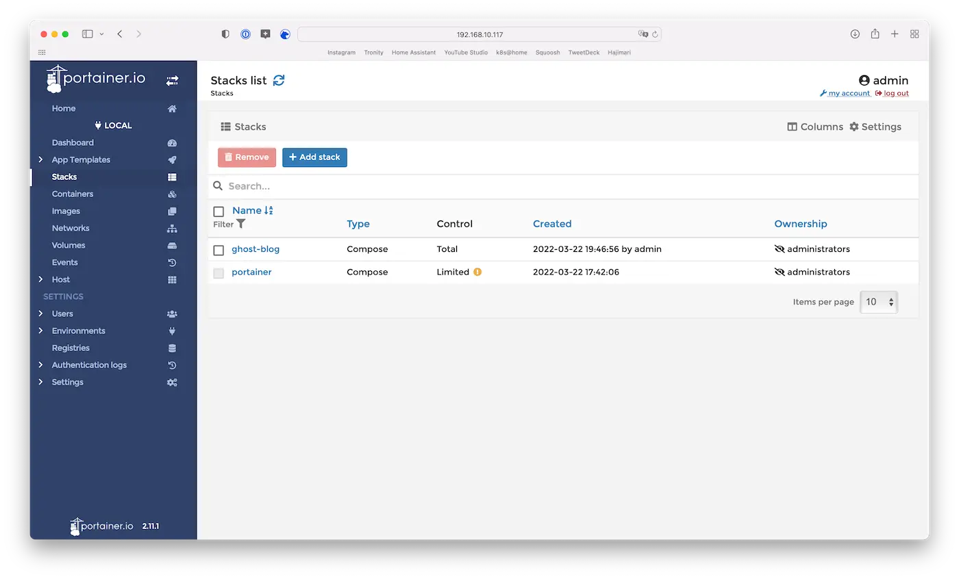 Portainer deployed Ghost