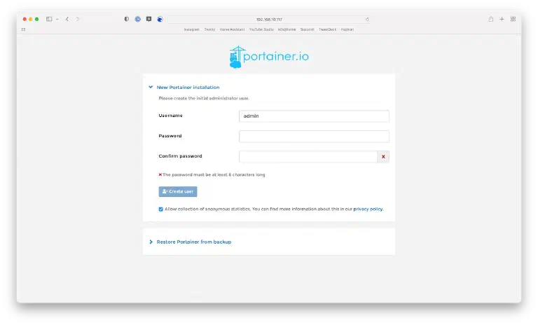 Portainer Tutorial Wellcome Page