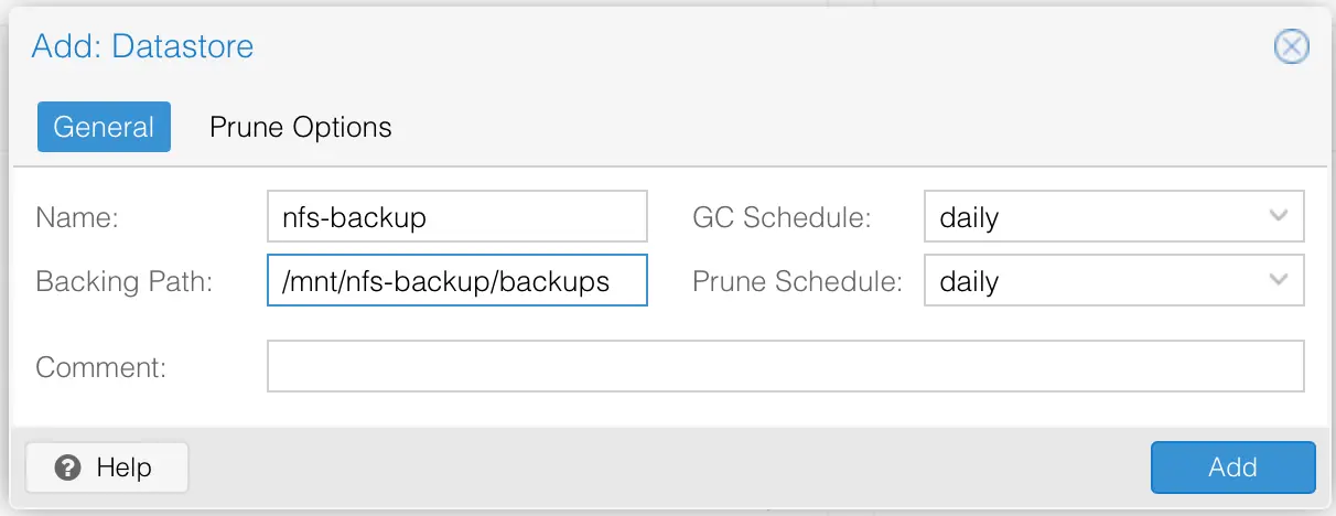 PBS Datastore Einstellungen
