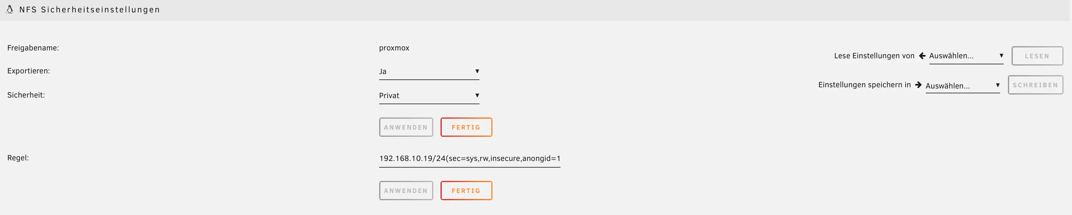 Unraid NFS Share Einstellungen