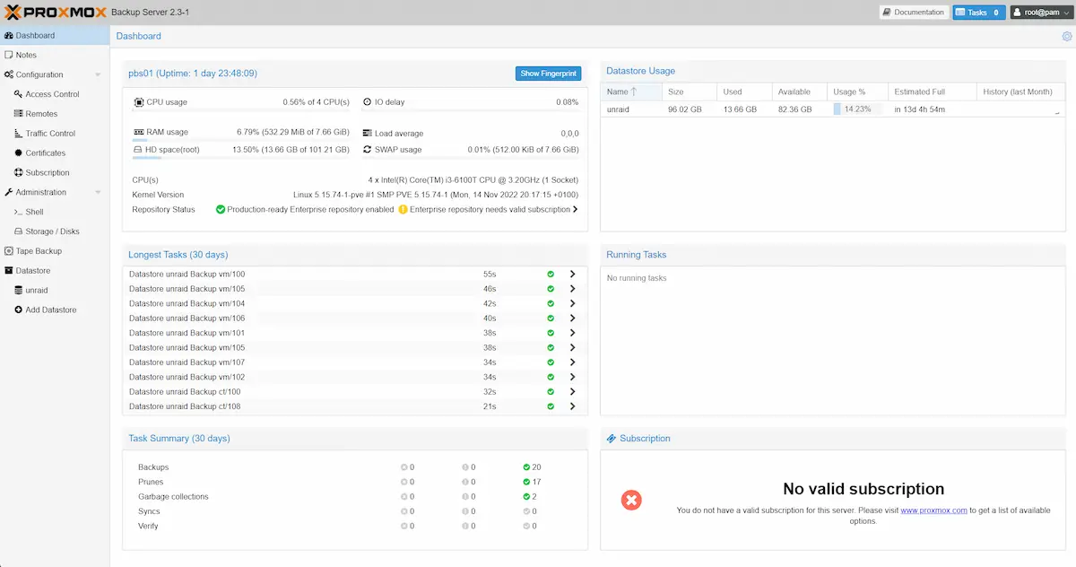 Proxmox Backup Server Dashboard