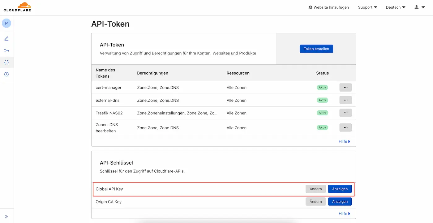 Screenshot Cloudflare API Key Übersicht